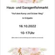 Am 16.10.2022 soll im Bereich der Straßen „Auf dem Kamp“ und „Grünen Weg“ in Kröpelin im Zeitraum vom 10.00-17.00 Uhr ein Haus- und Garagenflohmarkt stattfinden.